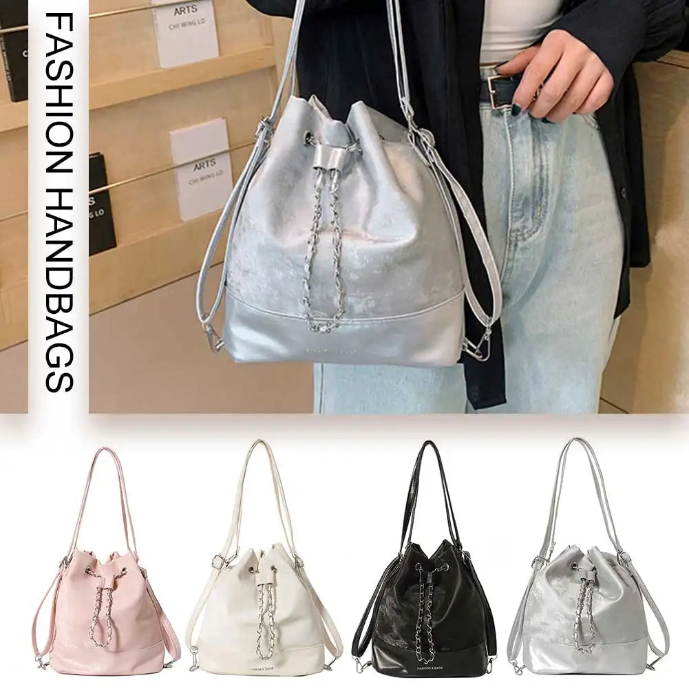 Women Simple Messenger Bag Large Capacity PU Drawstring Bucket Bag Chic Hobo Bag Solid Color Adjustable Strap for Outdoor Travel