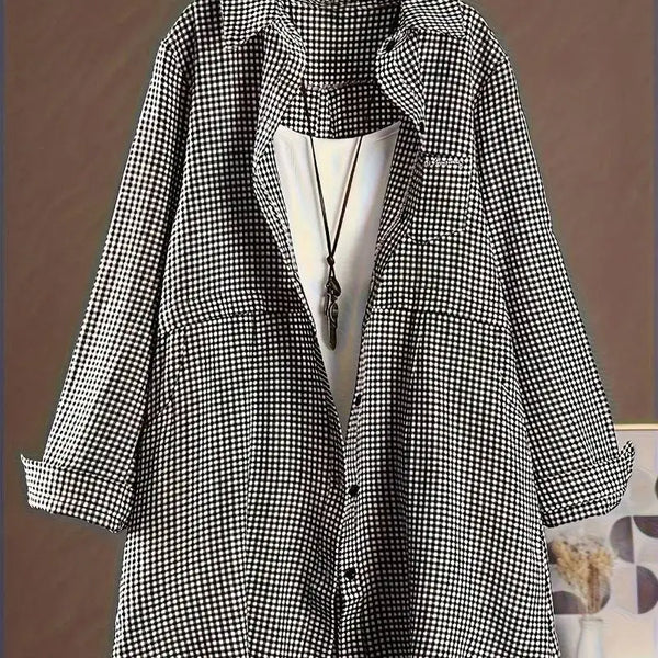 Plus-Size Korean Style Gingham Turn-Down Collar Shirt Pure Color Midi Fit Loose and Versatile Long Sleeve for Women