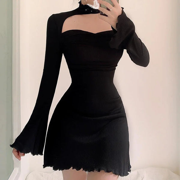 Black hollow mini skirt ribbed retro sexy A-line skirt full sleeve party evening dress women's dress