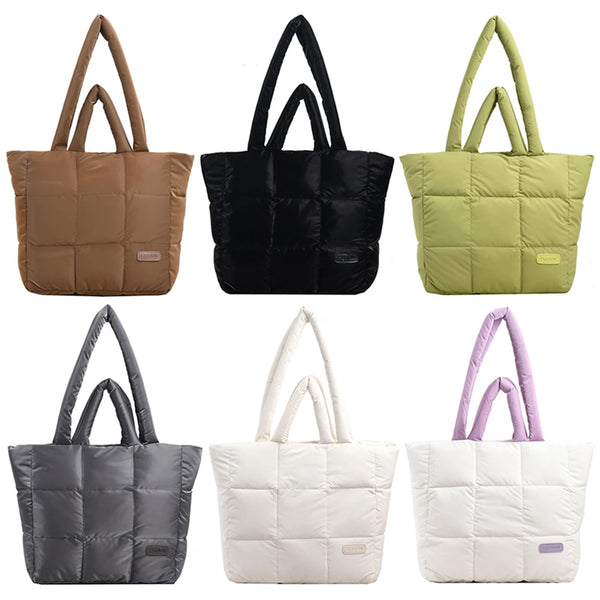 Women Checkered Quilted Handbag Solid Color Puffer Hand Carry Bag Large Capacity Casual Ladies Girls Trendy Bag