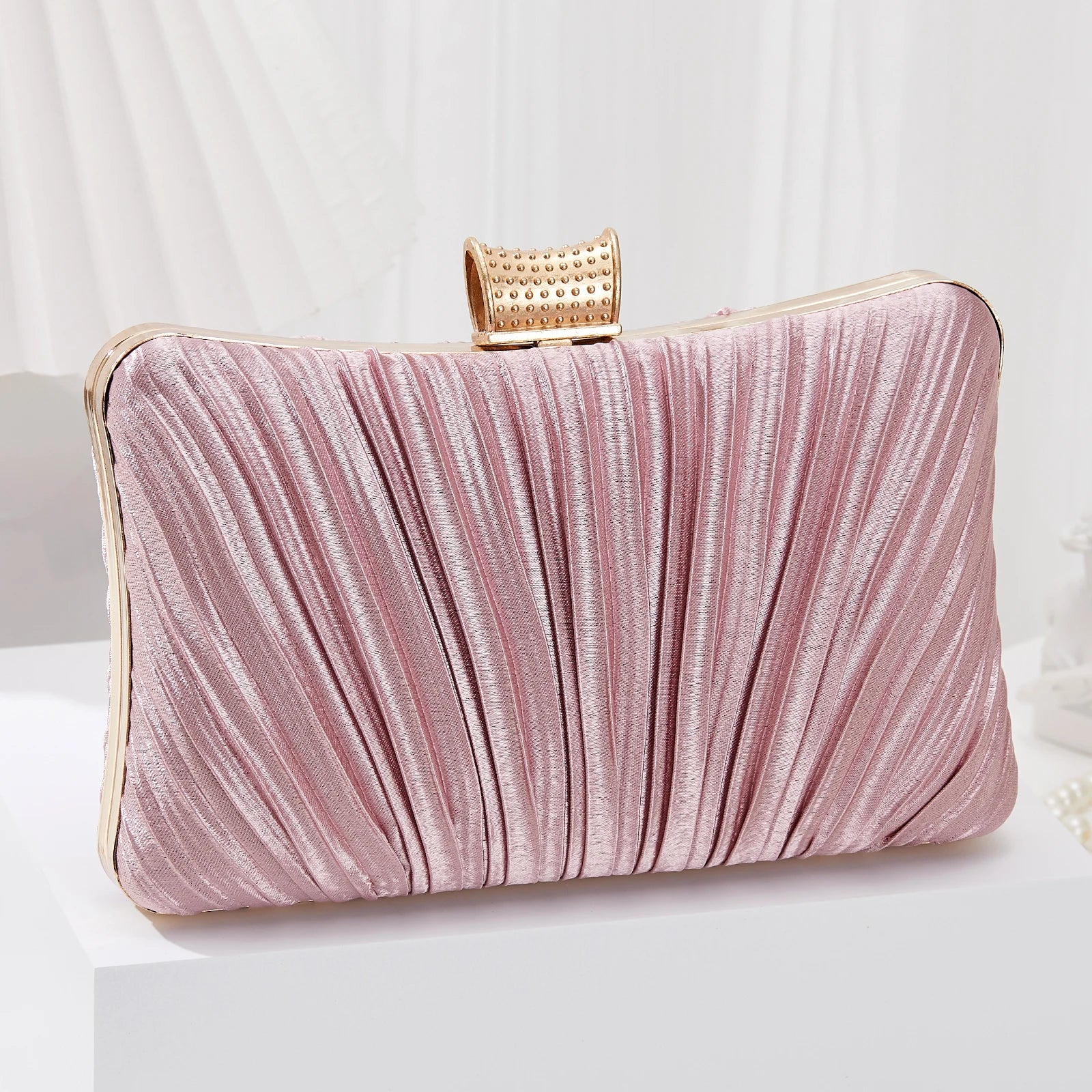 Classic Elegant Ladies Pleated Evening Clutch Bag Bling Rhinestone Buckle Formal Party Purse For Women Wedding Dinner Handbag
