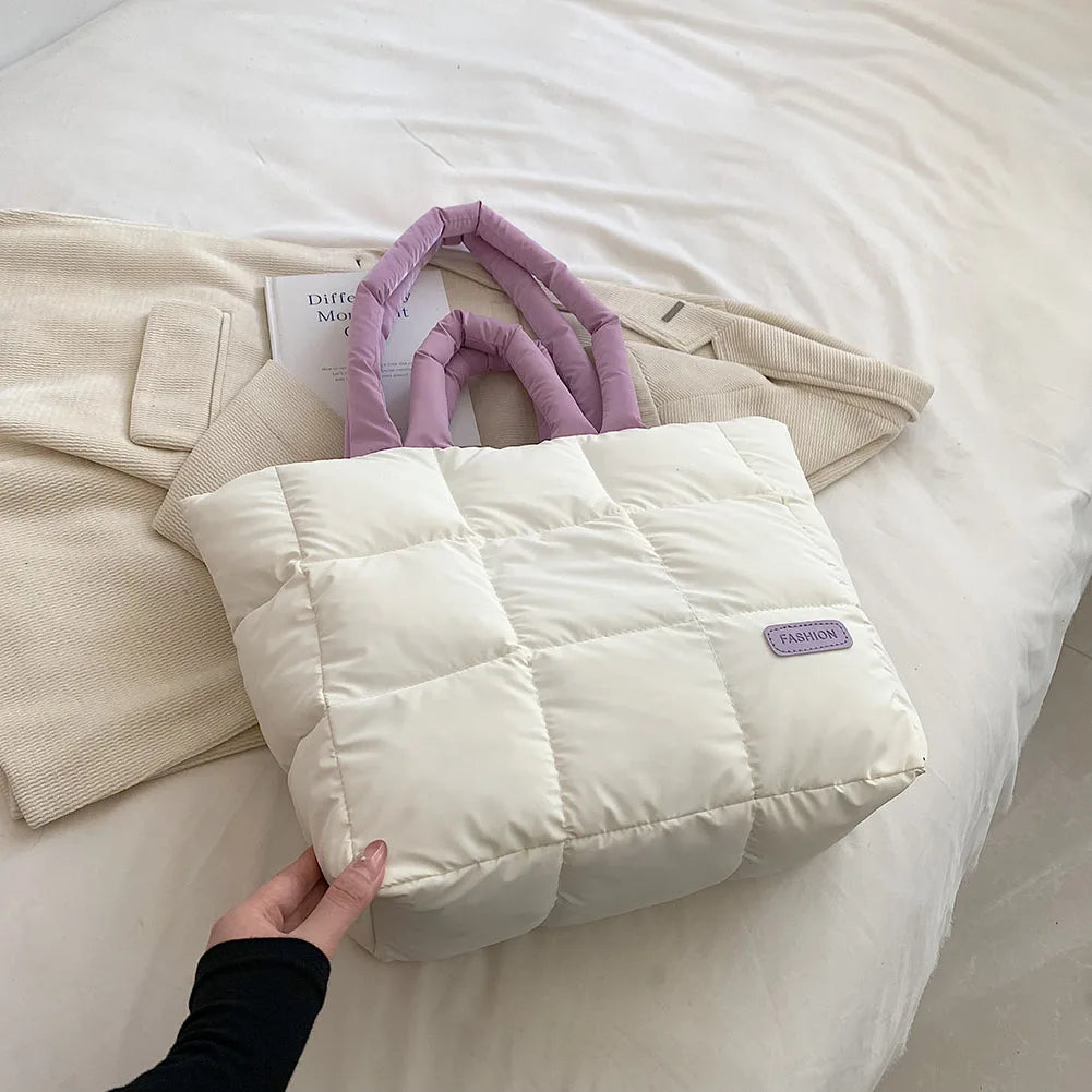 Women Checkered Quilted Handbag Solid Color Puffer Hand Carry Bag Large Capacity Casual Ladies Girls Trendy Bag