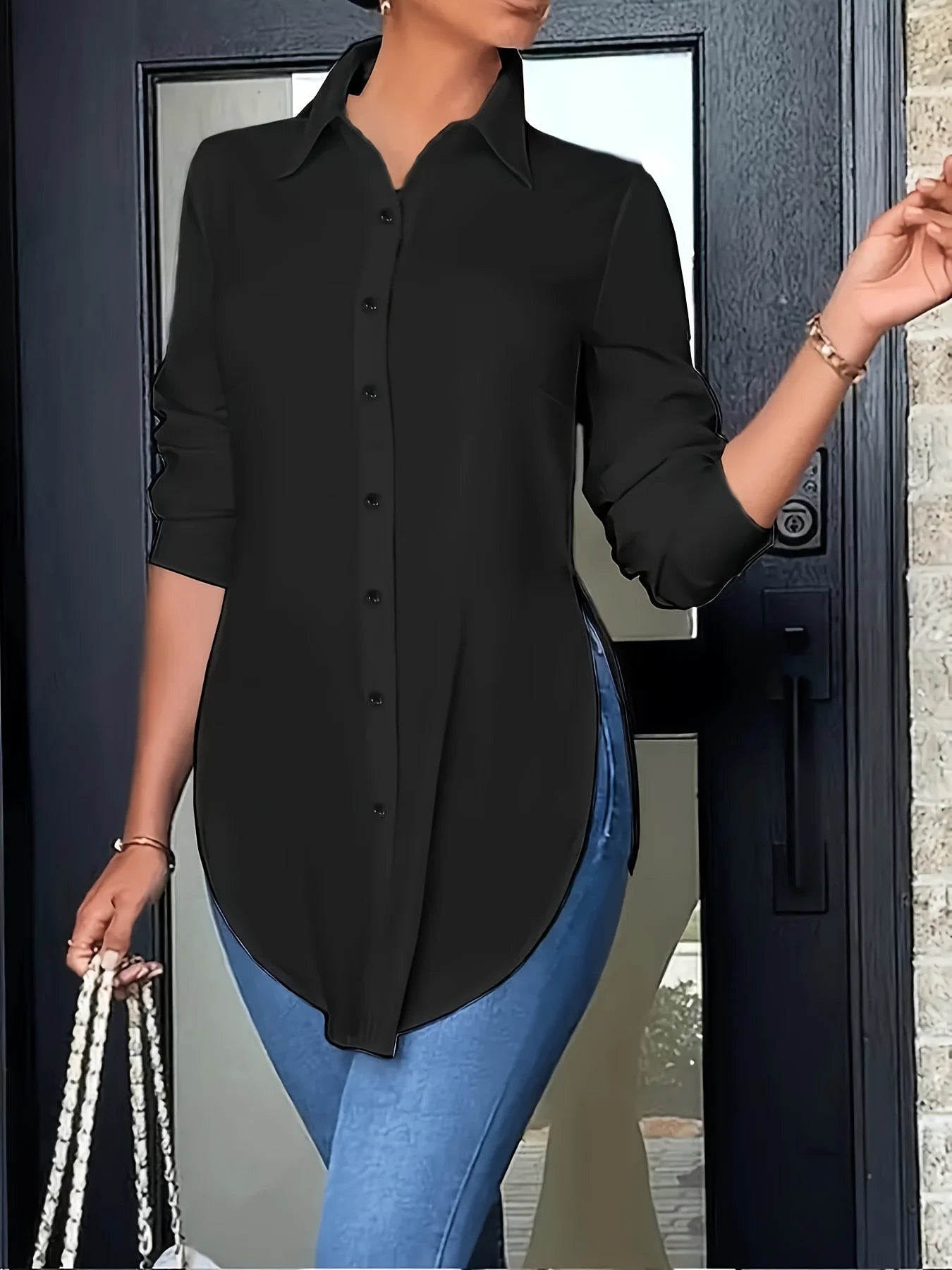 Women's Elegant Long Sleeve Shirt, Front Button Closure, Asymmetrical Side Slits, Woven Fabric, All Seasons Wear