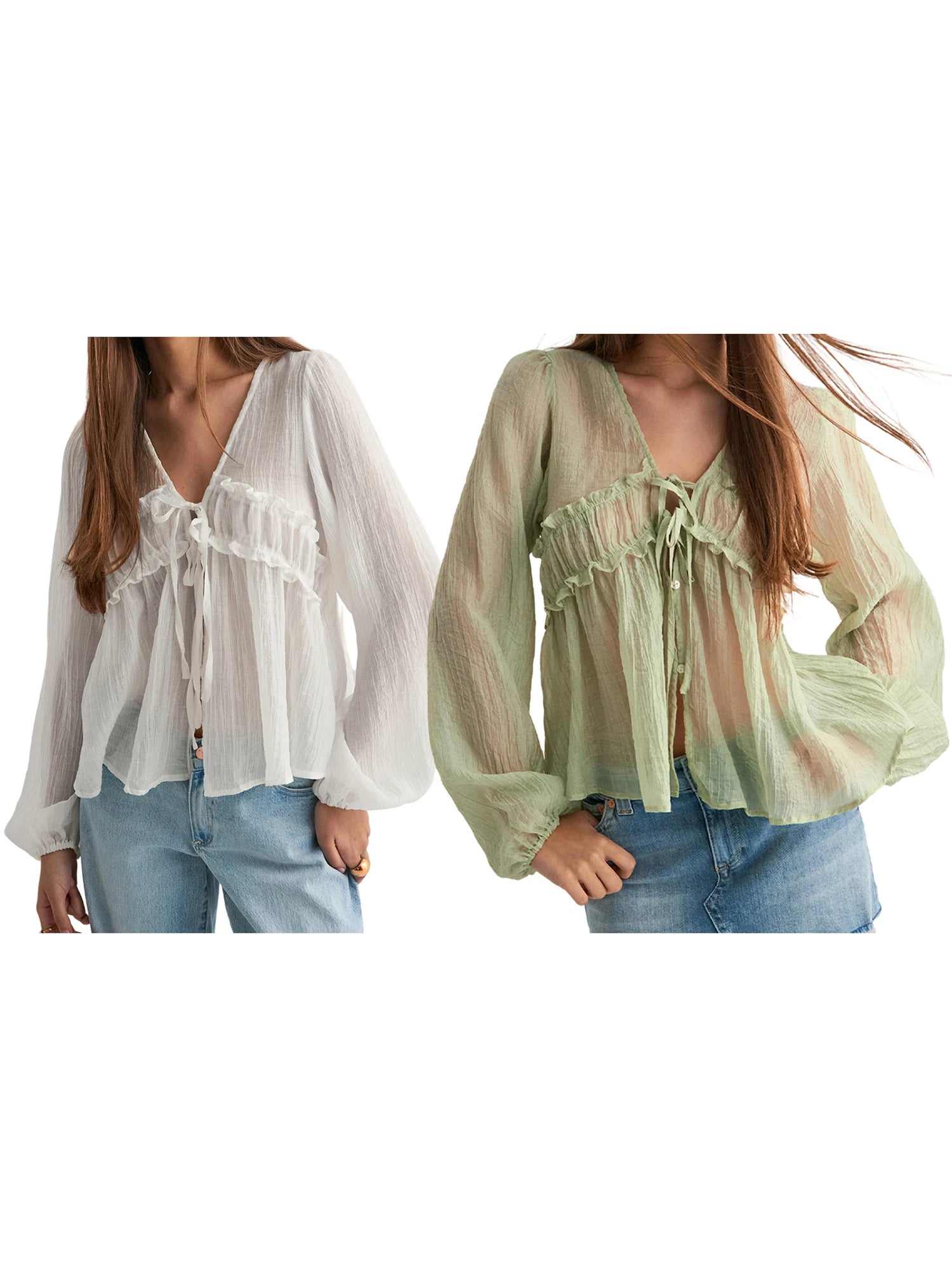Women s Ruffle Blouses Long Sleeve V Neck Tie-up Front Loose Fit Tops Spring Crincle Shirts Elegant Fashion Style