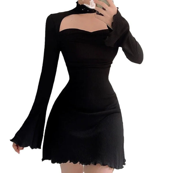 Black hollow mini skirt ribbed retro sexy A-line skirt full sleeve party evening dress women's dress