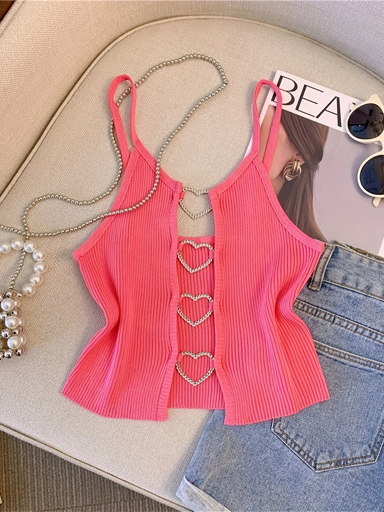 2026 New Sexy Solid Ribbed Crop Sleeveless Top - Back Heart Decor Cami Top for Women Perfect for Spring & Summer