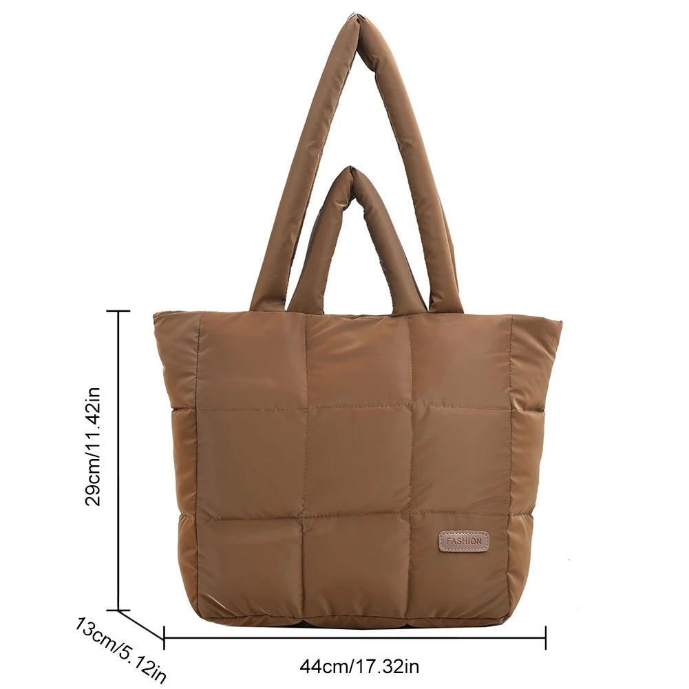 Women Checkered Quilted Handbag Solid Color Puffer Hand Carry Bag Large Capacity Casual Ladies Girls Trendy Bag