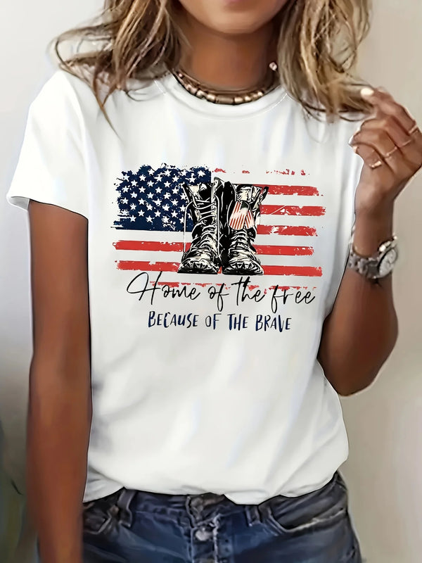[Patriotic T-Shirt] Patriotic American Flag Women's T-Shirt | Casual Crew Neck, Short Sleeve, Polyester, All-Season Tee