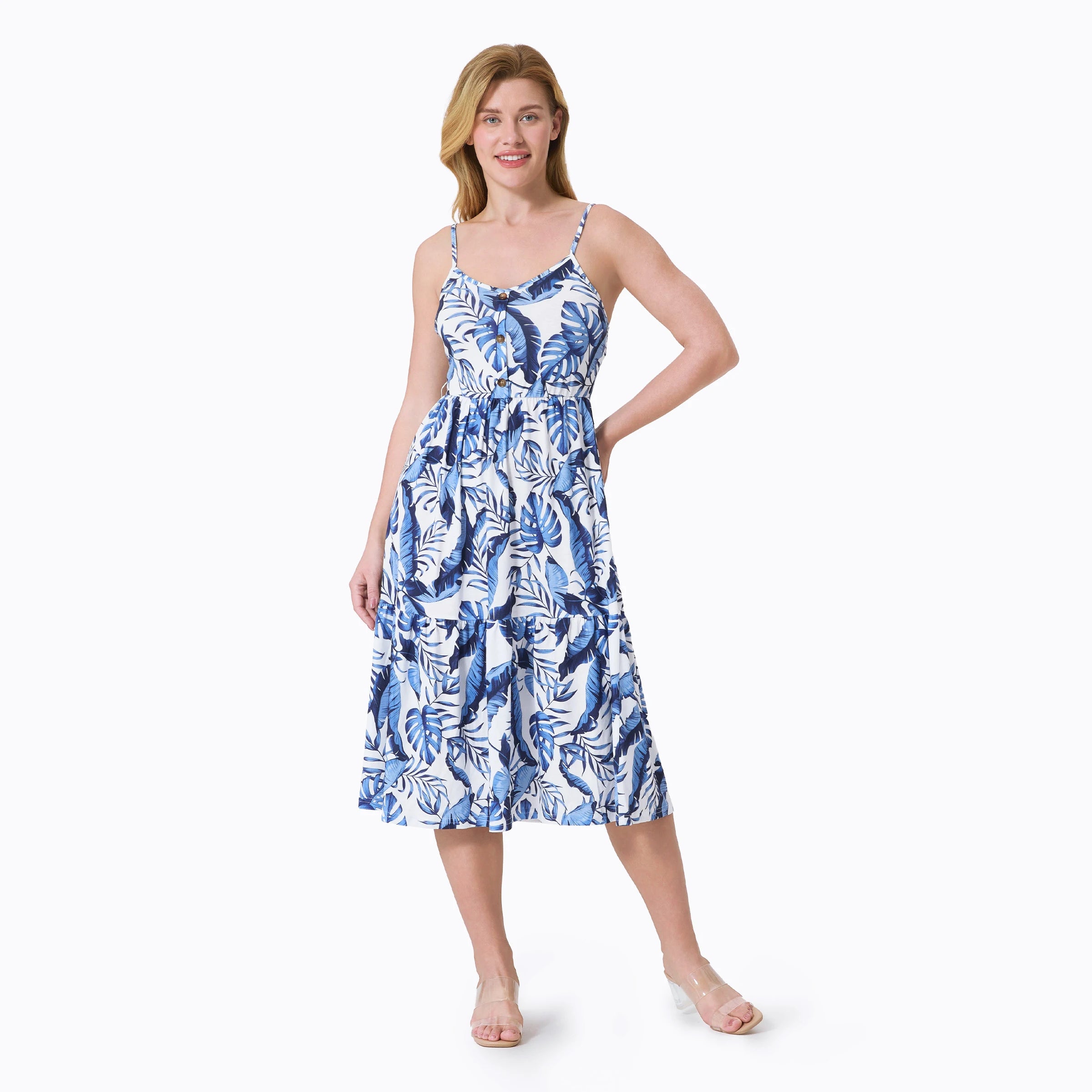 PatPat Naia Blue Floral Button Ruffle Hem Strap Women Dress