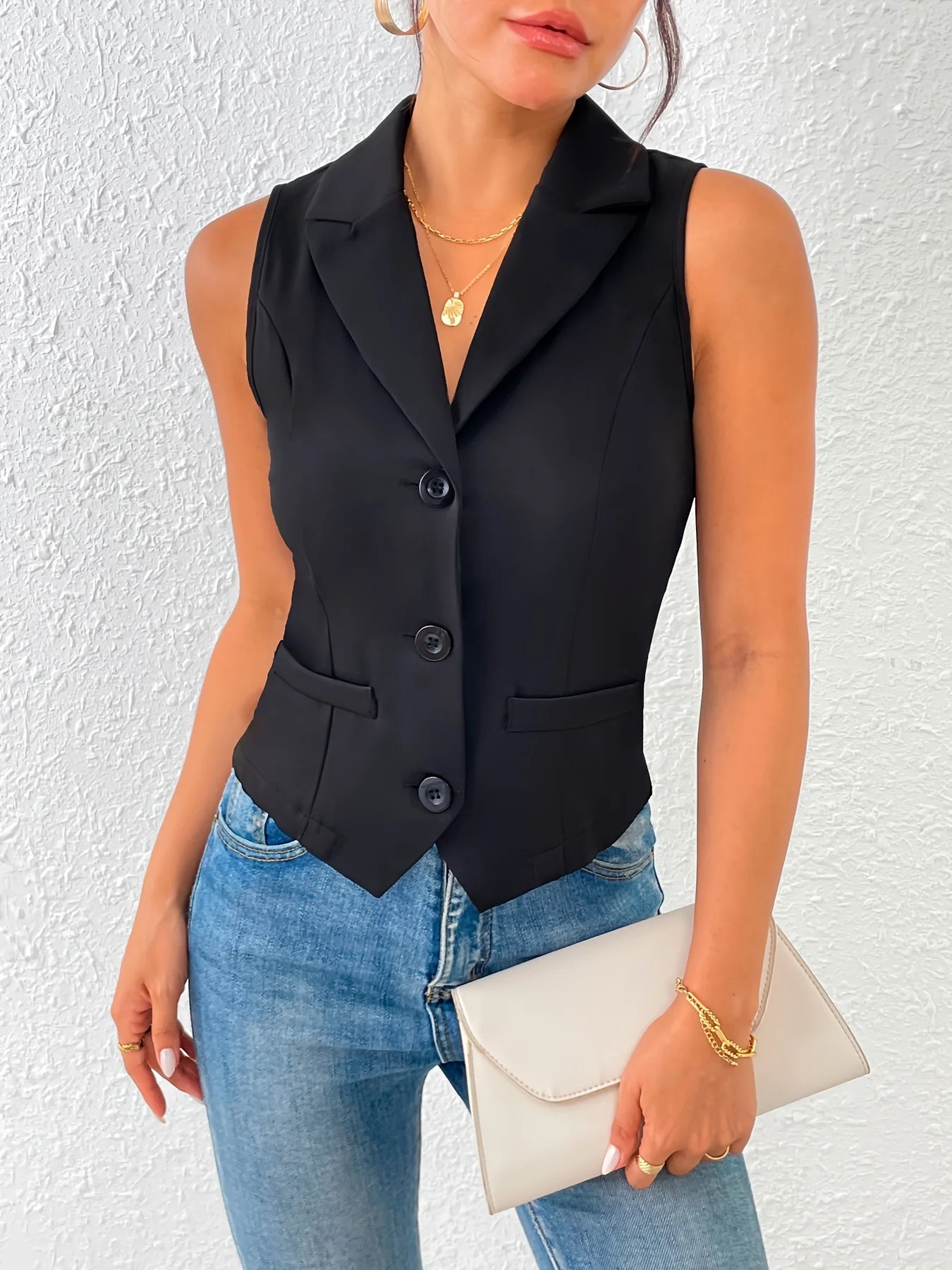 Women's Button-Down V-Neck Ladies Suit Vest Casual Sleeveless Regular Fit Lapel Vest