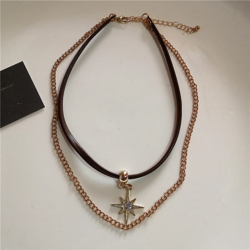 Vintage Leather Brown Stone Sun Pendant Beaded Choker Clavicle Chain Necklace For Women Unique Y2K Personalized Grunge Jewelry