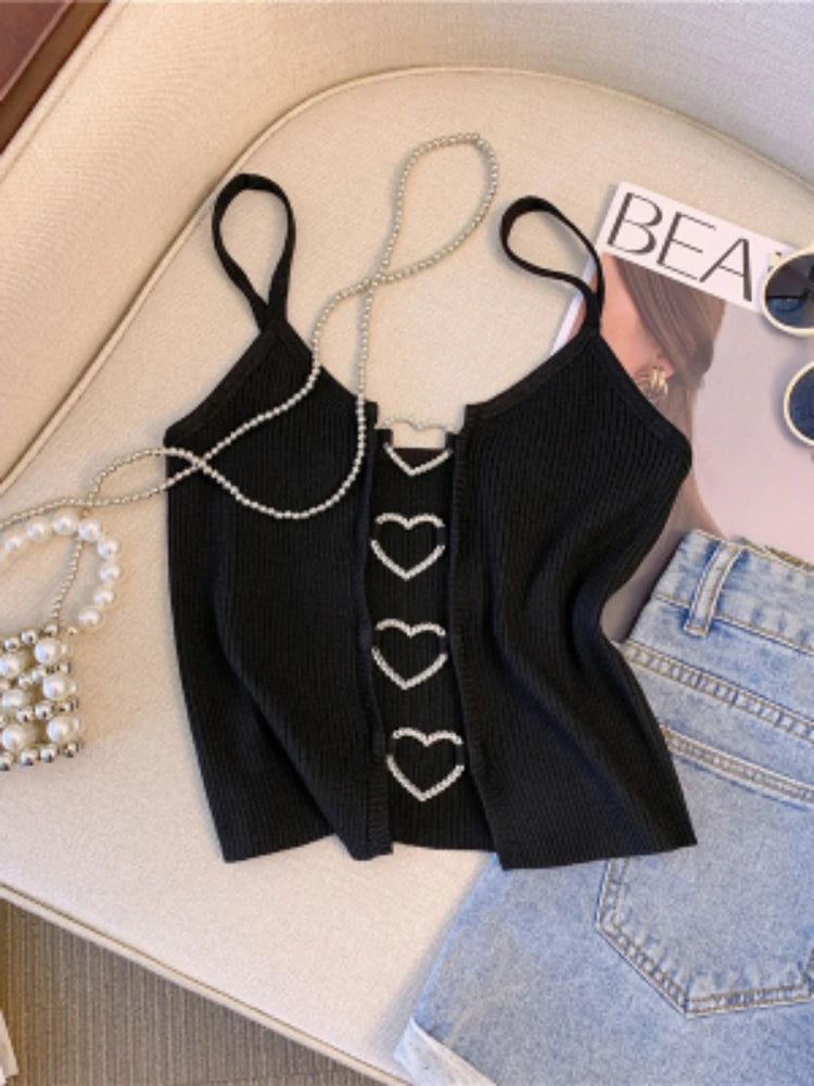 2026 New Sexy Solid Ribbed Crop Sleeveless Top - Back Heart Decor Cami Top for Women Perfect for Spring & Summer