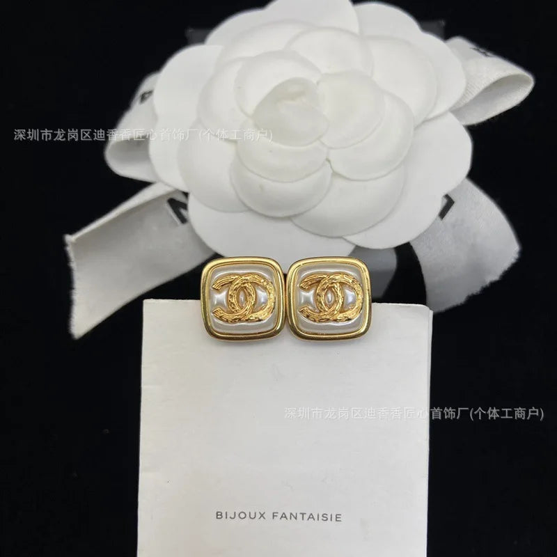 Double Sugar Stud Earrings Women's Fashion Black Square Pair with Label Tide