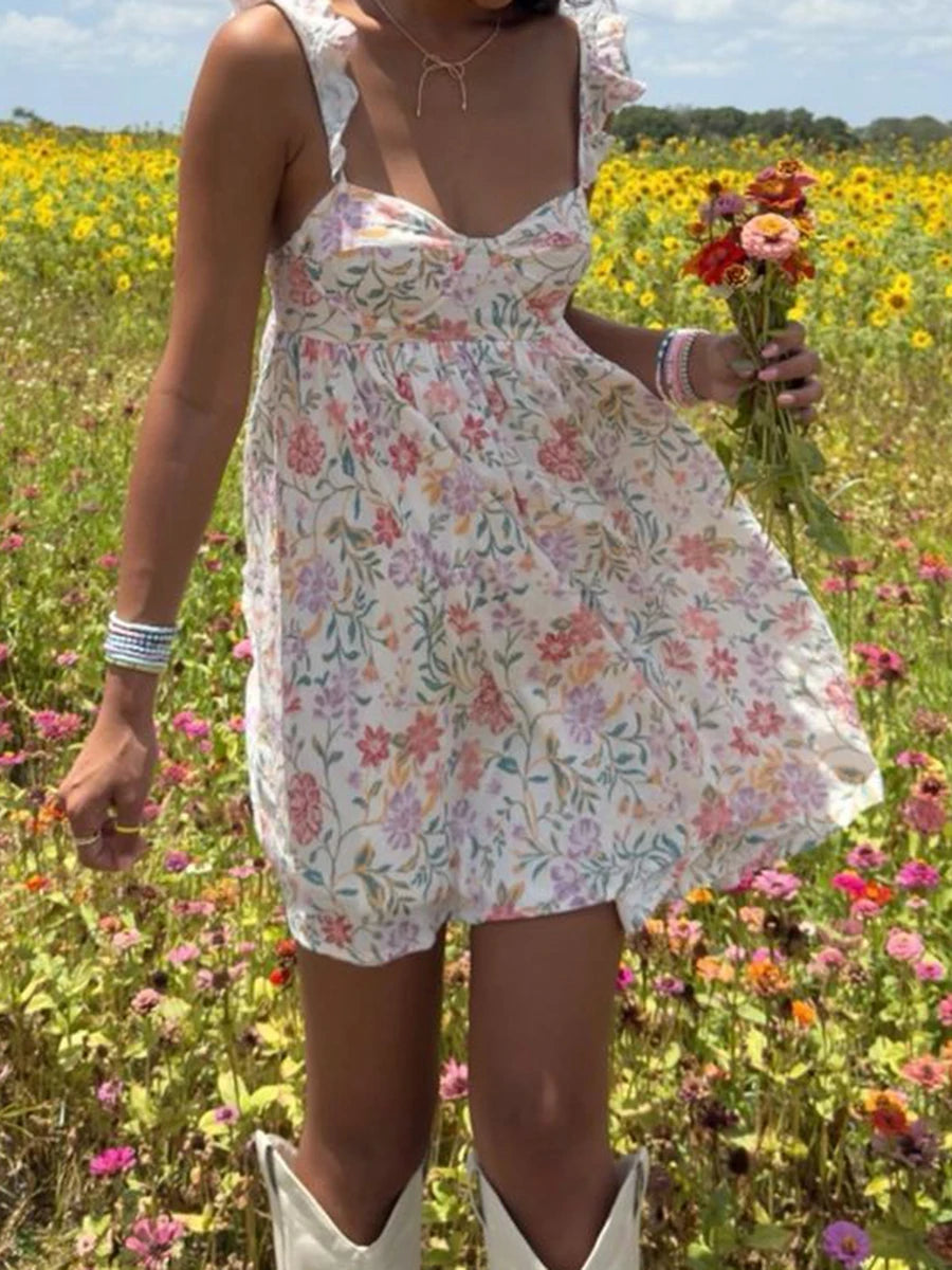 Women V-Neck Maxi Dress Sleeveless Ruffle Floral Print Boho Beach Dress Summer Casual Long Dress with Pockets