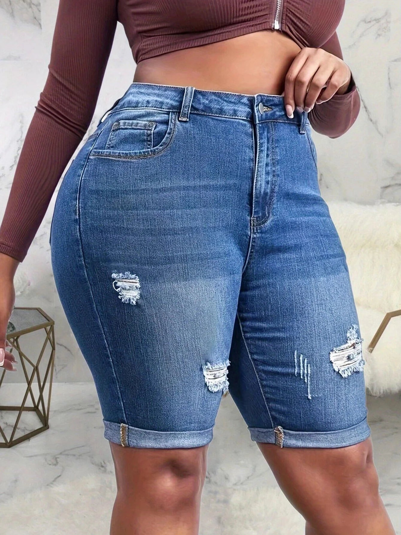 Women Ripped Skinny Denim Short High Waisted Folded Cuffed Hem Jeans Shorts Summer Stretchy Slim Jean Short Pant Archaic