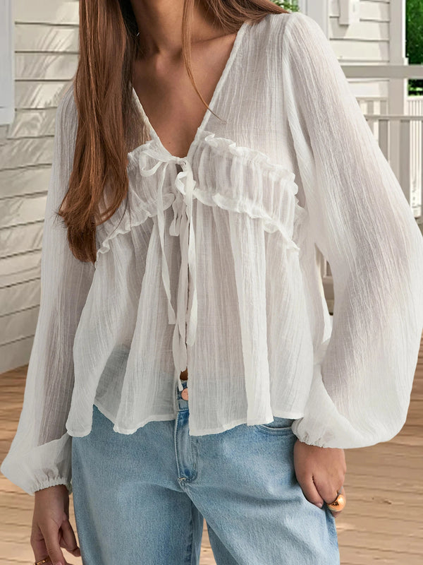 Women s Ruffle Blouses Long Sleeve V Neck Tie-up Front Loose Fit Tops Spring Crincle Shirts Elegant Fashion Style