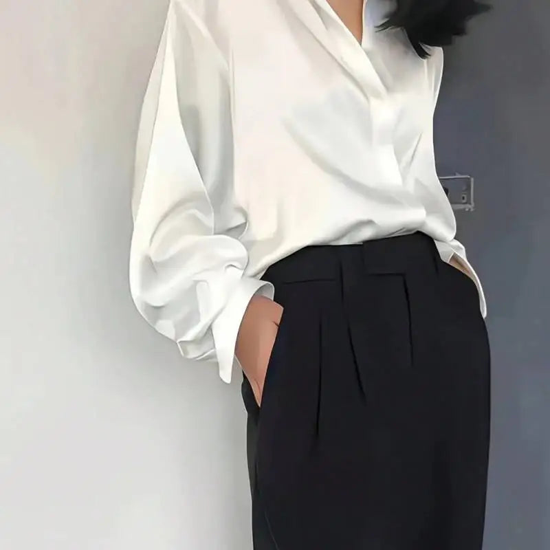 Plus Size Office Blouse Women - Elegant Silk Acetate Button Down Shirt | Autumn Long Sleeve Work Top