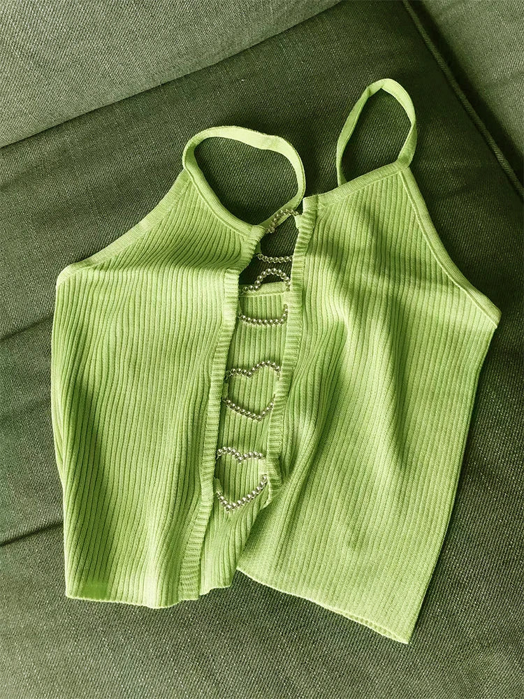 2026 New Sexy Solid Ribbed Crop Sleeveless Top - Back Heart Decor Cami Top for Women Perfect for Spring & Summer