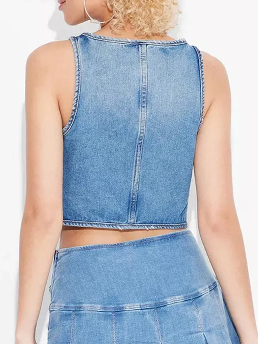 Sleeveless Denim Vest with Tie-up Front and Frayed Hem Women s Summer Jean Jacket Tank Top Casual Outerwear