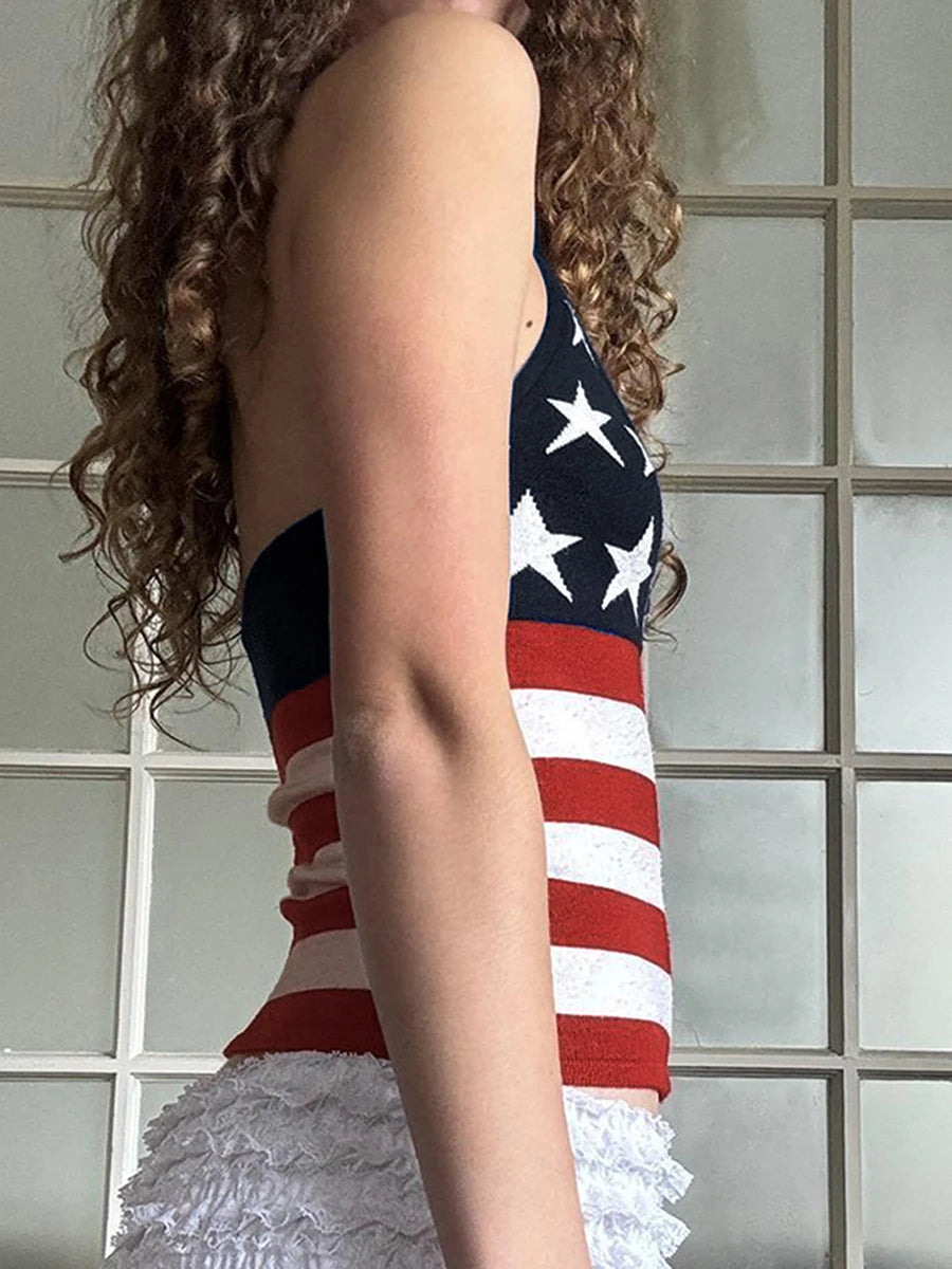 Women s Patriotic Sleeveless Tank Tops  Fit American Flag Print Halter Neck Vest for 4th of July Celebration and Summer