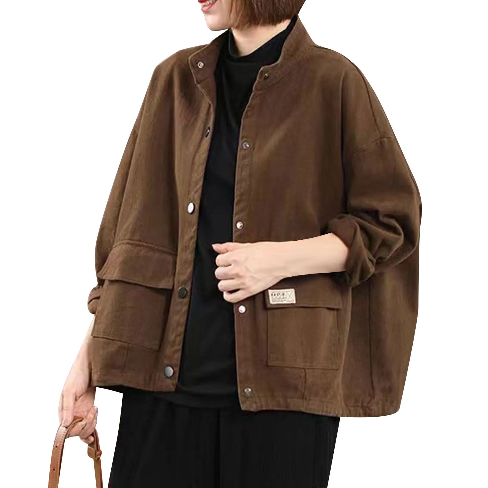 Vintage Brown Lapel Women's Jacket With Pocket Casual Loose Single Breasted Long Sleeve Coat Chic Lady High Street Commute Coats