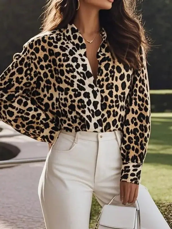 Fashionable Leopard  Print Loose Collared  Shirt Leopard  Print Open  Front Versatile Shirt