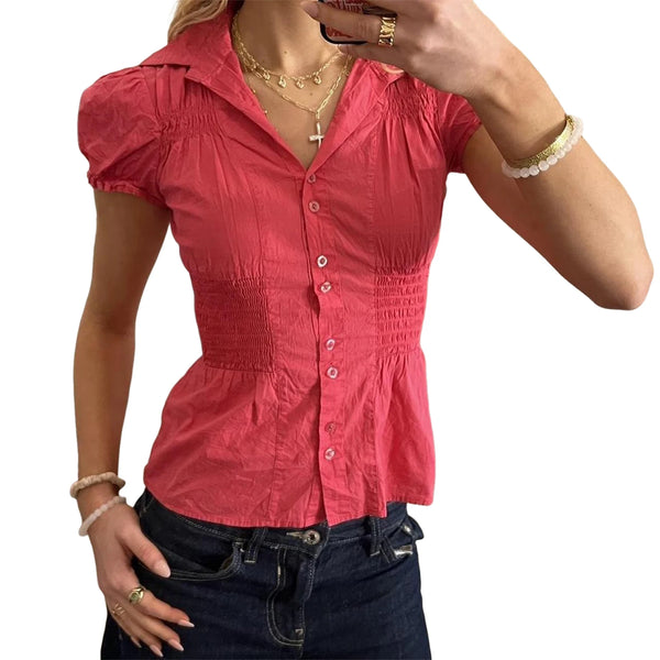 Ladies Stylish Short Sleeve Tee Shirt with Button Detail in Solid Color for Casual Streetwear and Grunge Fashion Trends