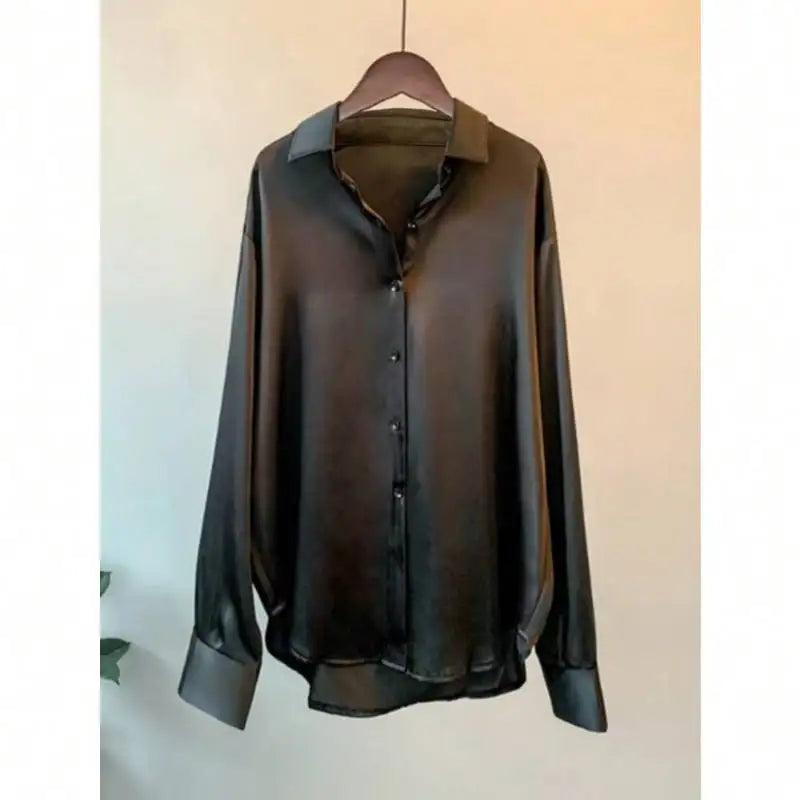 Plus Size Office Blouse Women - Elegant Silk Acetate Button Down Shirt | Autumn Long Sleeve Work Top