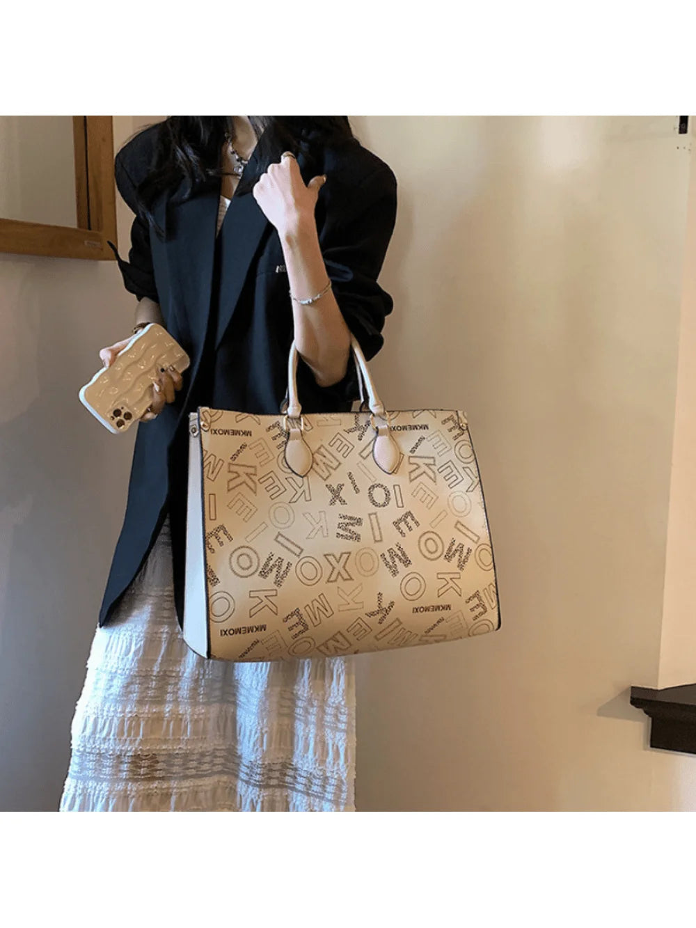 PU Leather Large Capacity Letter Tote Bag, Zipper Closure, Adjustable Shoulder Strap,  Ideal Choice for Daily Use and Gifts