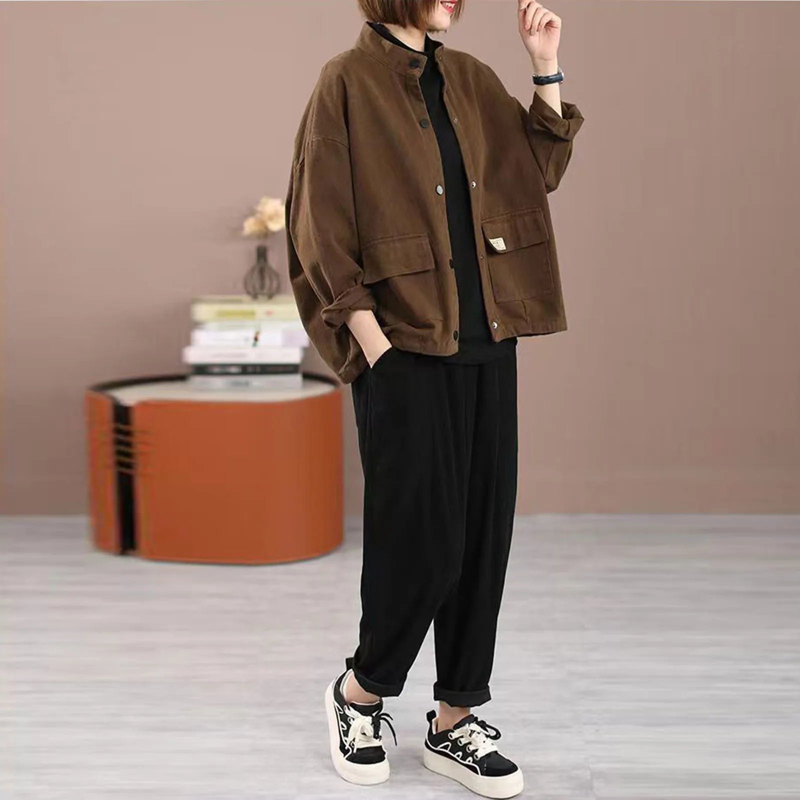 Vintage Brown Lapel Women's Jacket With Pocket Casual Loose Single Breasted Long Sleeve Coat Chic Lady High Street Commute Coats