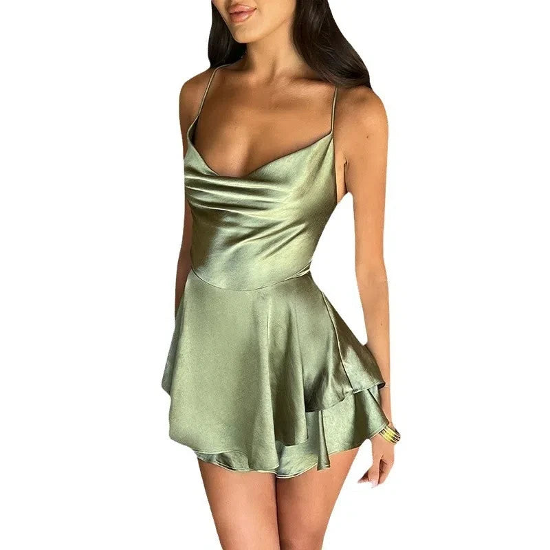 Summer New Fashionable and Sexy Slim Fit Temperament Suspender Satin Backless Strap A-list Dress for Women 240