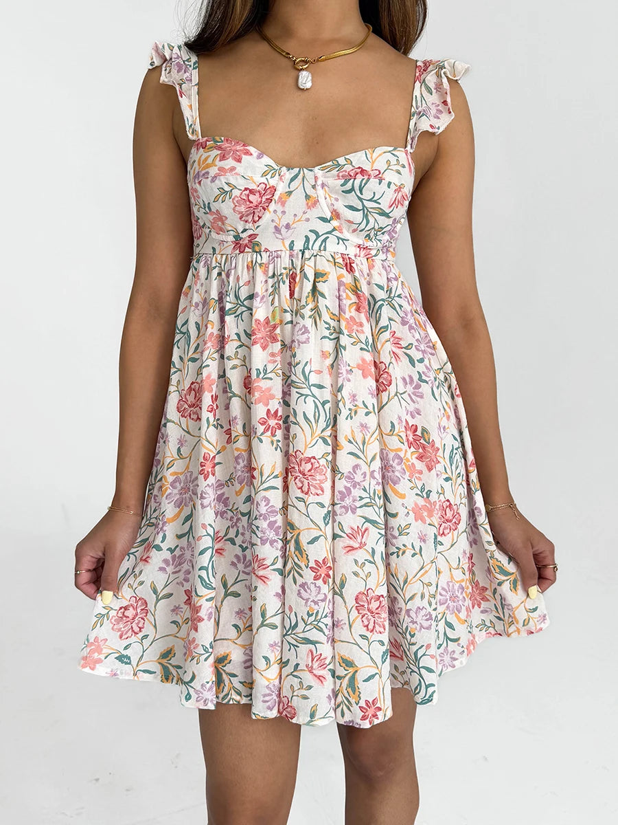 Women V-Neck Maxi Dress Sleeveless Ruffle Floral Print Boho Beach Dress Summer Casual Long Dress with Pockets