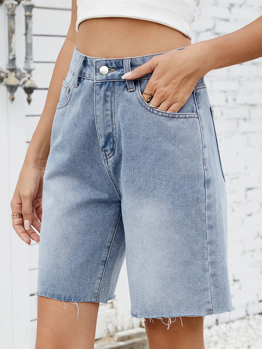 Ladies Distressed Denim Shorts Stylish High Rise Jean Shorts with Frayed Hem and Pockets for Summer Streetwear