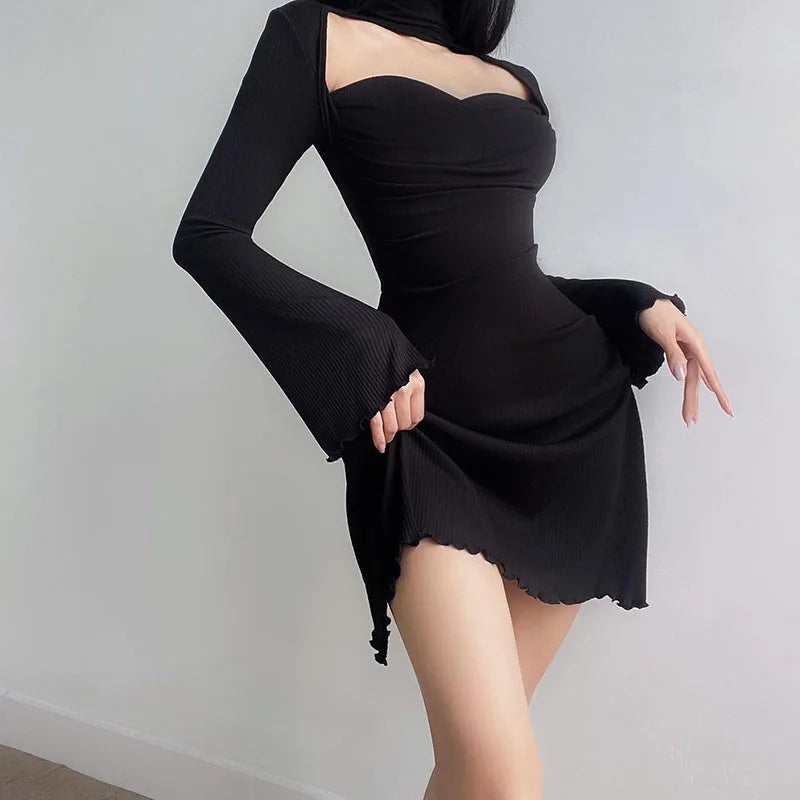 Black hollow mini skirt ribbed retro sexy A-line skirt full sleeve party evening dress women's dress