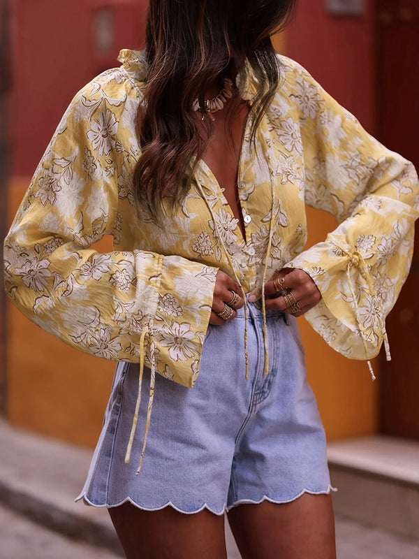 Women s Fashion Boho Floral Print Blouse V Neck Button Down Long Sleeve Tie Front Casual Shirt Top