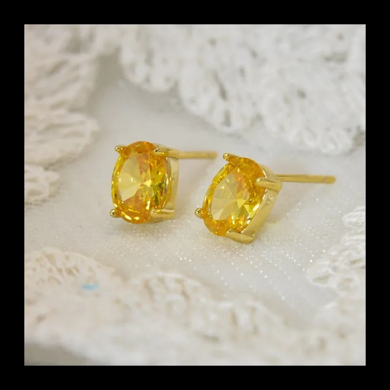 Japanese Colorful and Simple S925 Silver Stud Earrings, Citrine White Topa Shining Zircon Gold-plated Earrings, Factory Direct W