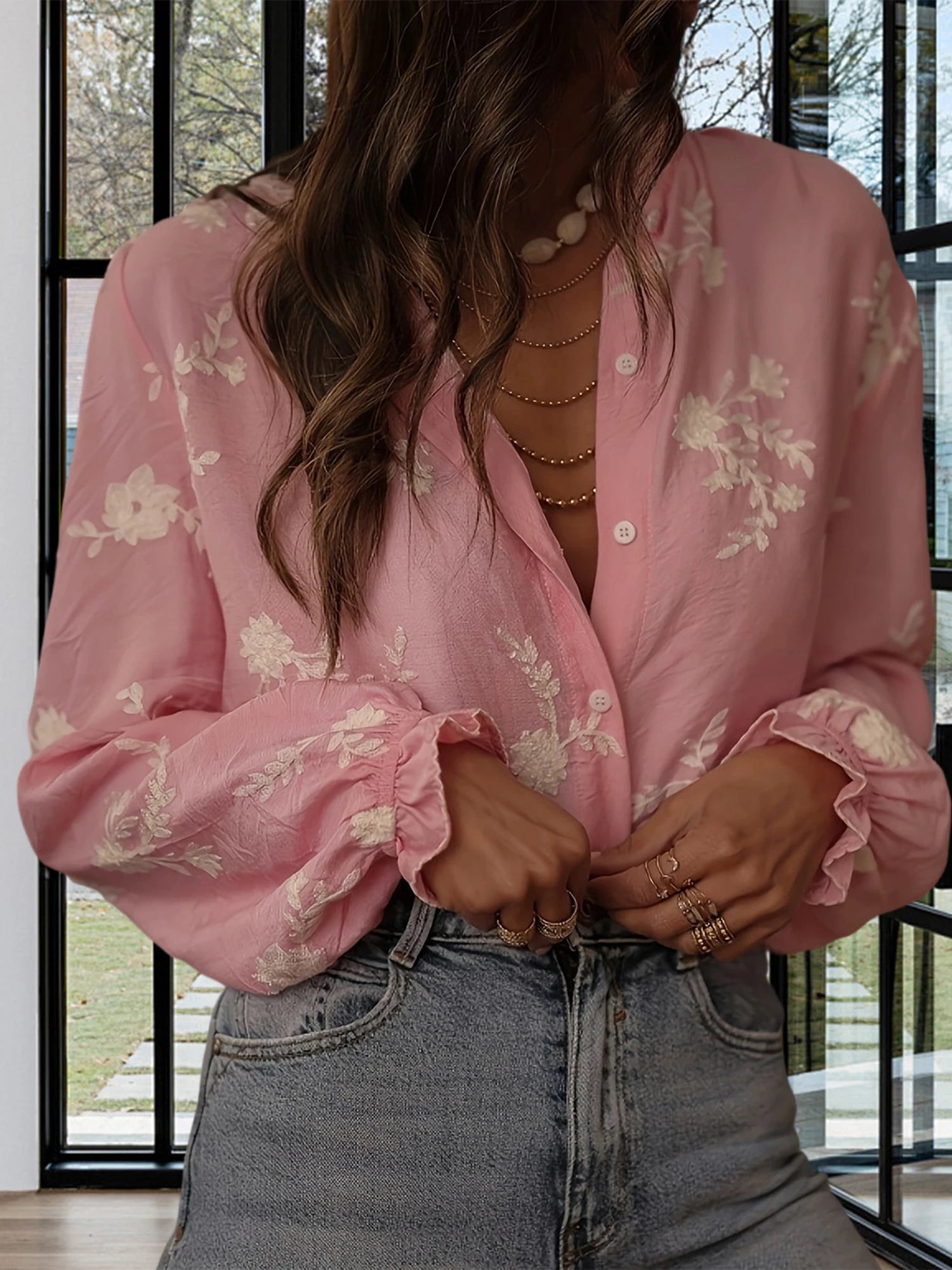 Women s Oversized Floral Print Button Up Shirt with Long Lantern Sleeves and Embroidered Appliques - Fall Fashion Blouse