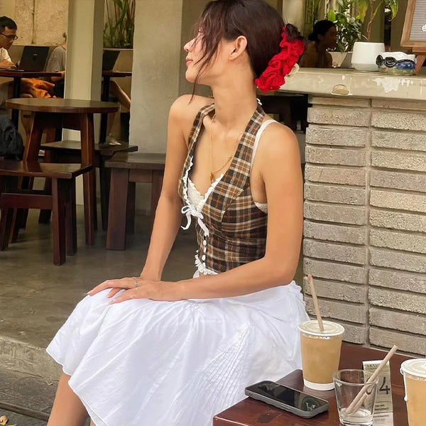 Candyhot Plaid Vintage Lace French Style Halter Crop Tops Retro Backless Sleeveless V-neck Slim Tops Casual Streetwear Camisole