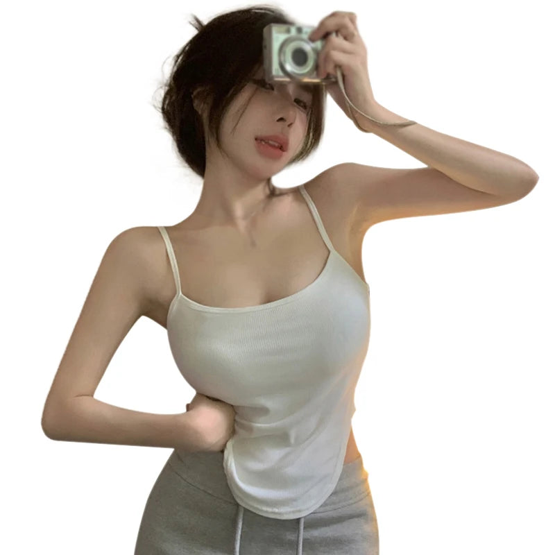 Women's Sleeveless Tank Top Slim Fit Camisole Sexy Short Top Spaghetti Thin Straps Vest Summer Irregular Korean Crop Top