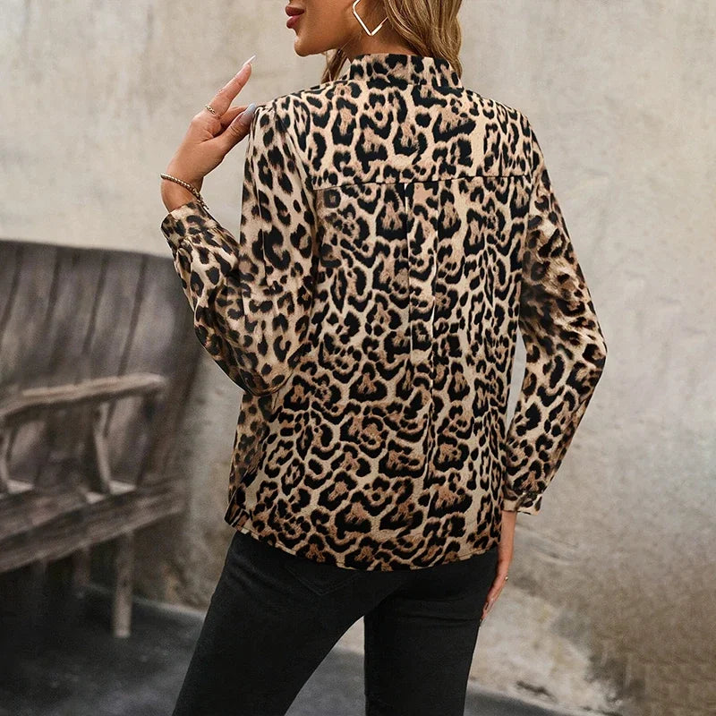 Satin Leopard Print Spring Button Up like Silk Shirt Vintage Blouse Women Satin Tops Office Lady Elegant Long Sleeves Female