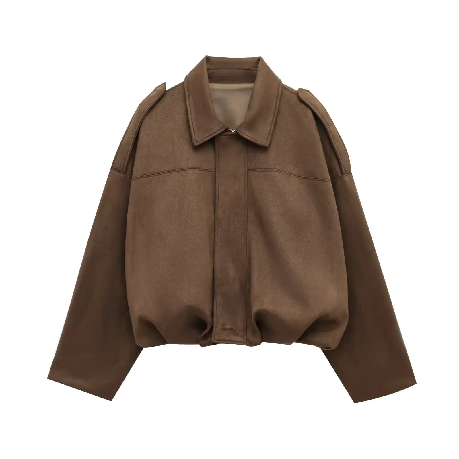Women Brown Green Suede Jacket Loose Casual Bomber Coat Lapel Zipper Long Sleeve Jackets Vintage Lady Motorcycle Outwears