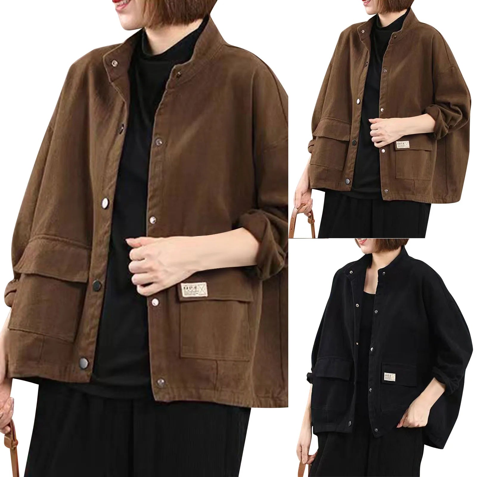 Vintage Brown Lapel Women's Jacket With Pocket Casual Loose Single Breasted Long Sleeve Coat Chic Lady High Street Commute Coats