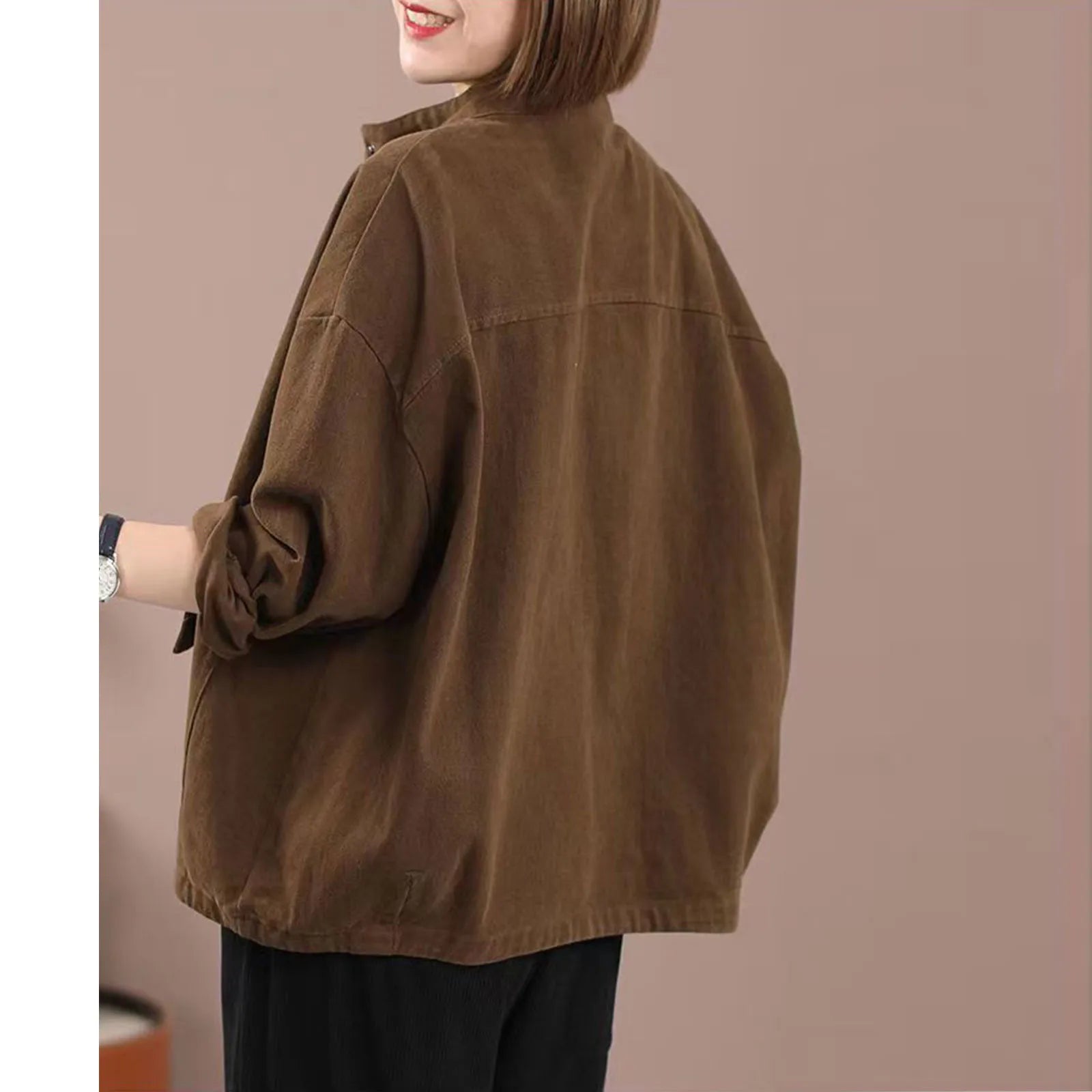 Vintage Brown Lapel Women's Jacket With Pocket Casual Loose Single Breasted Long Sleeve Coat Chic Lady High Street Commute Coats
