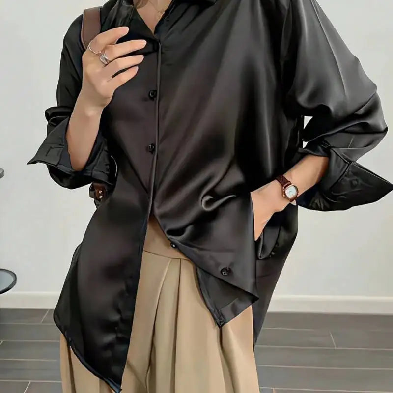 Plus Size Office Blouse Women - Elegant Silk Acetate Button Down Shirt | Autumn Long Sleeve Work Top