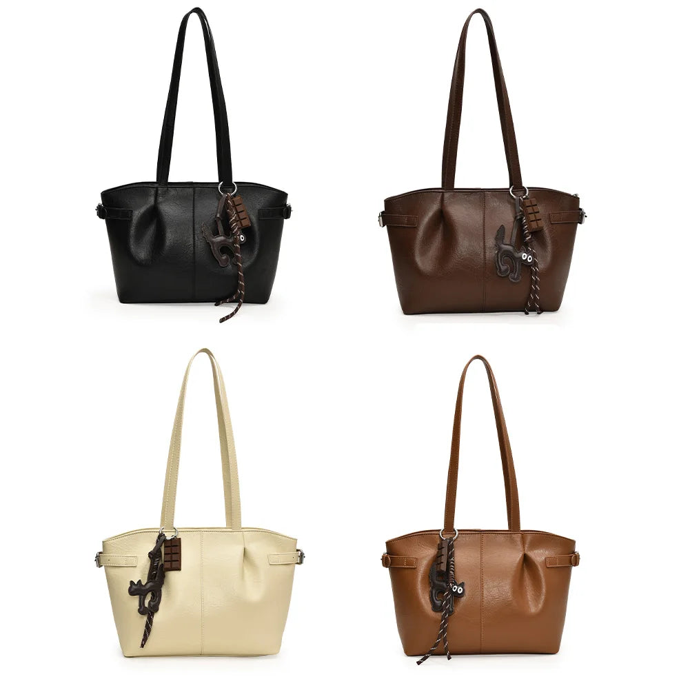 Tote Shoulder Bag for Women PU Leather Large Capacity Retro Shoulder Handbag Zipper Satchel Bag with Pendant Commuting Bag