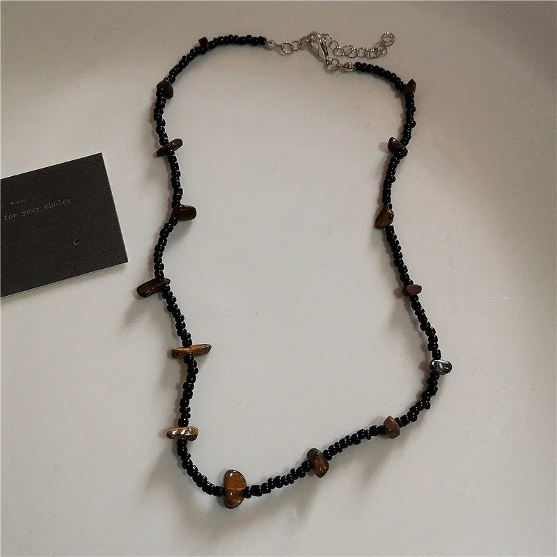 Vintage Leather Brown Stone Sun Pendant Beaded Choker Clavicle Chain Necklace For Women Unique Y2K Personalized Grunge Jewelry
