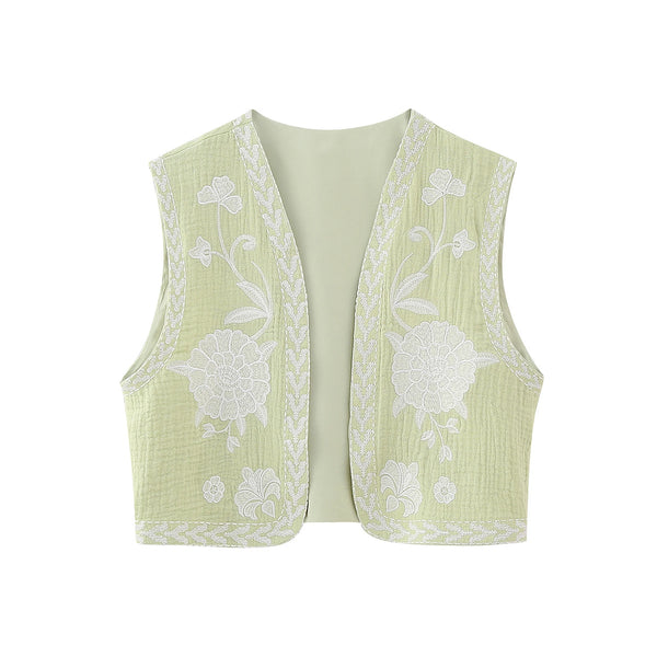 Sleeveless Embroidered Floral Vest with Open Front Design Stylish Outwear Gilet for Women s Casual Streetwear Collection
