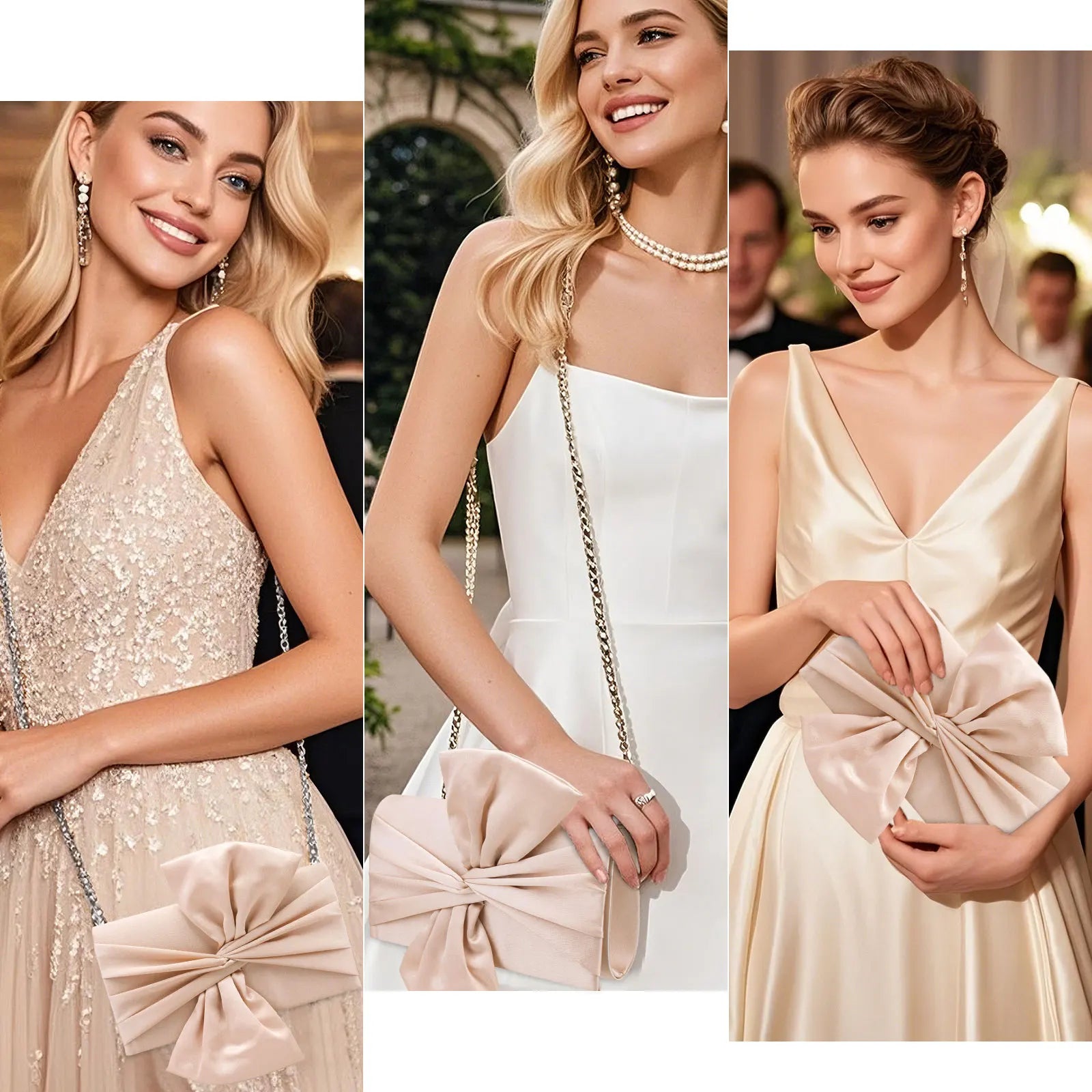 Fashion Bow Satin Evening Banquet Clutch Bag Women Elegant Chain Shoulder Crossbody Wedding Purse Prom Party Handbag Dinner Bags