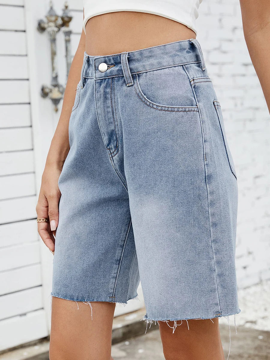 Ladies Distressed Denim Shorts Stylish High Rise Jean Shorts with Frayed Hem and Pockets for Summer Streetwear