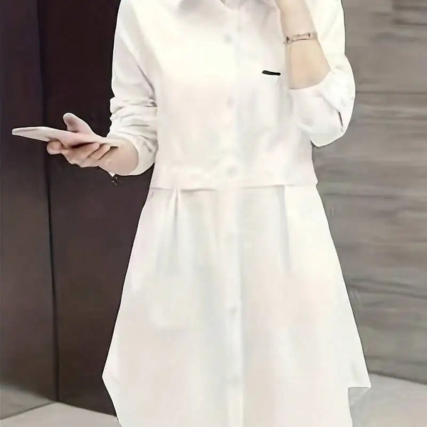 Plus-Size Korean Style Gingham Turn-Down Collar Shirt Pure Color Midi Fit Loose and Versatile Long Sleeve for Women